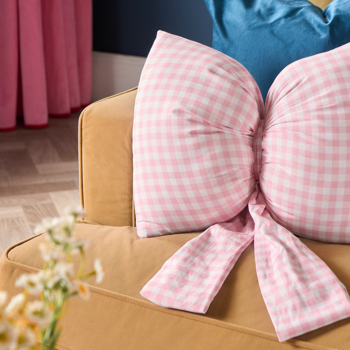Gingham Print Bow Shaped Cushion - Pink 🇬🇧