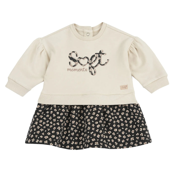 Girls Beige Printed Fleece Long Sleeve Dress