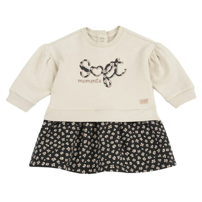 Girls Beige Printed Fleece Long Sleeve Dress