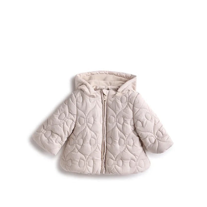 Girls Beige Self Design Hooded Jacket