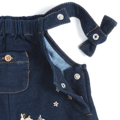 Girls Dark Blue Embroidered Long Dungaree