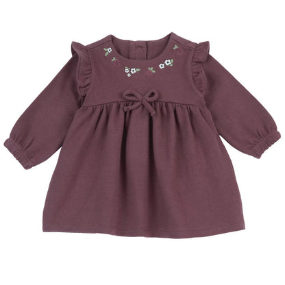 Girls Dark Pink Embroidered Long Sleeve Dress