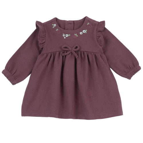 Girls Dark Pink Embroidered Long Sleeve Dress