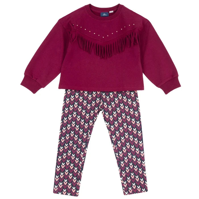Girls Dark Pink Self Design Sweatshirt with Leggings
