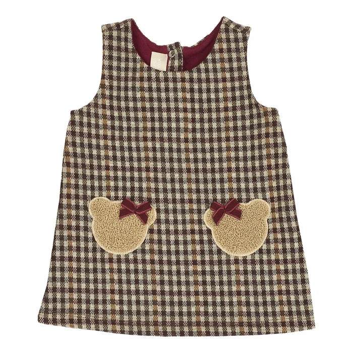 Girls Medium Brown Checked Sleeveless Dress