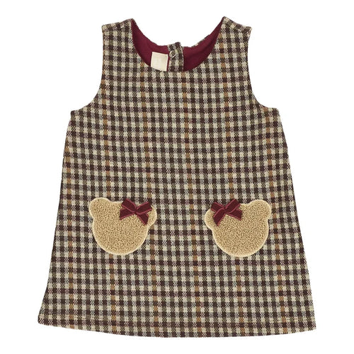 Girls Medium Brown Checked Sleeveless Dress