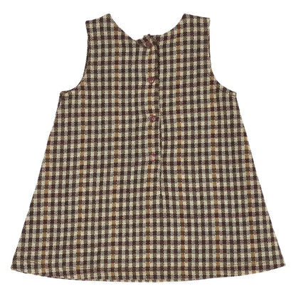 Girls Medium Brown Checked Sleeveless Dress