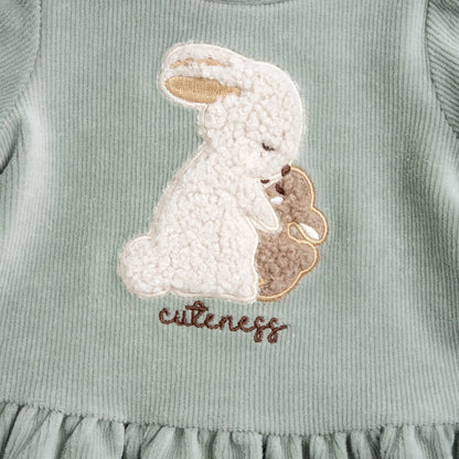 Girls Medium Green Applique Long Sleeve Dress