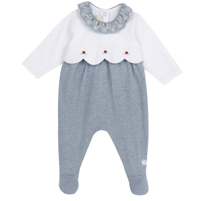 Girls Medium Light Blue Embroidered Back Opening Babysuit