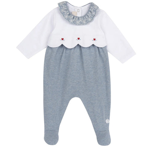 Girls Medium Light Blue Embroidered Back Opening Babysuit