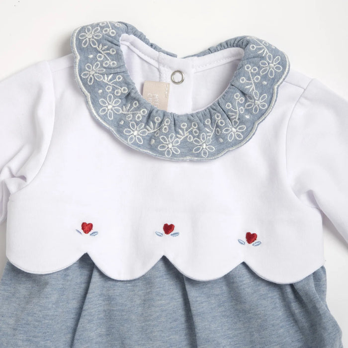 Girls Medium Light Blue Embroidered Back Opening Babysuit