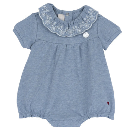 Girls Medium Light Blue Embroidered Romper