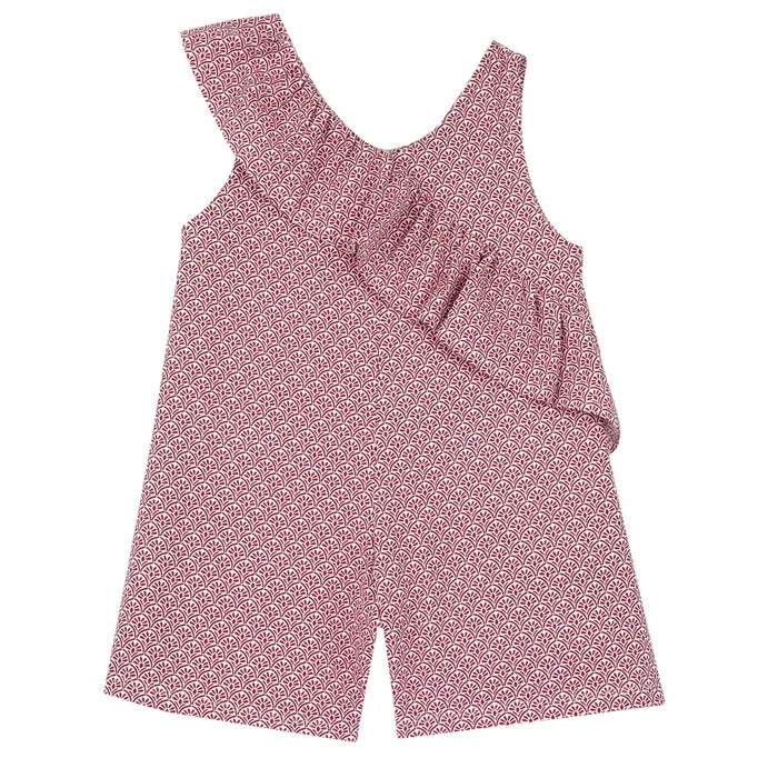 Girls Red and White Printed Short Dungaree