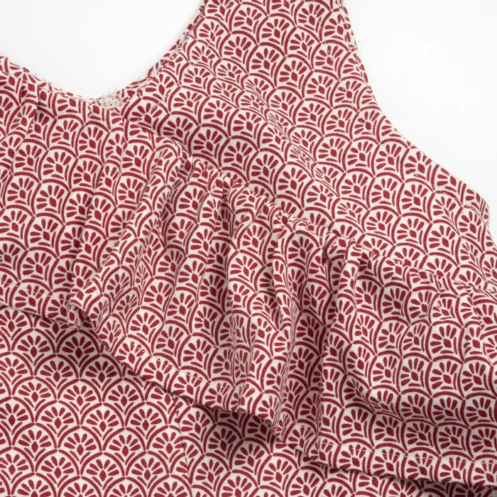 Girls Red and White Printed Short Dungaree
