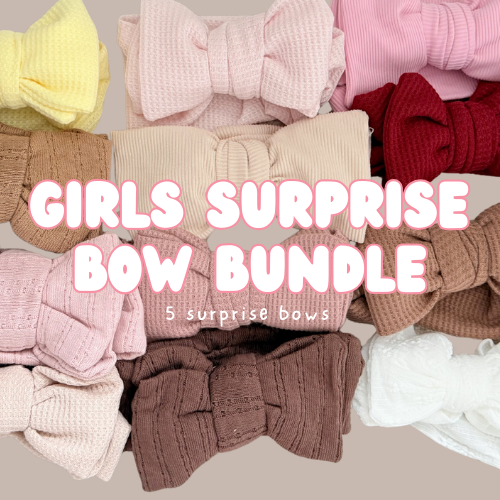 Girls surprise bow bundle with assorted fabric hair bows: pale yellow, pink, burgundy, brown, white.