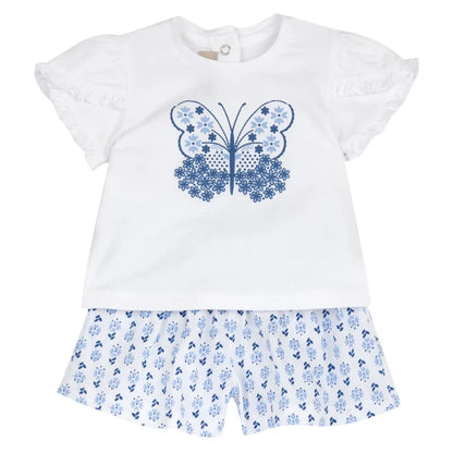 Girls White and Blue Graphic Printed T-Shirt with Shorts