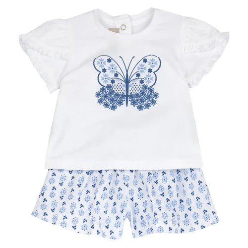Girls White and Blue Graphic Printed T-Shirt with Shorts
