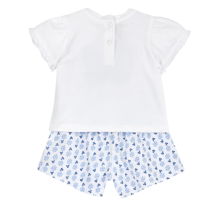 Girls White and Blue Graphic Printed T-Shirt with Shorts