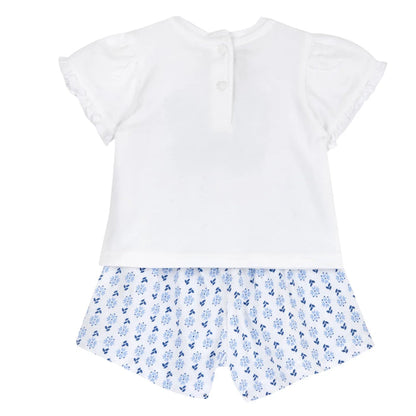 Girls White and Blue Graphic Printed T-Shirt with Shorts
