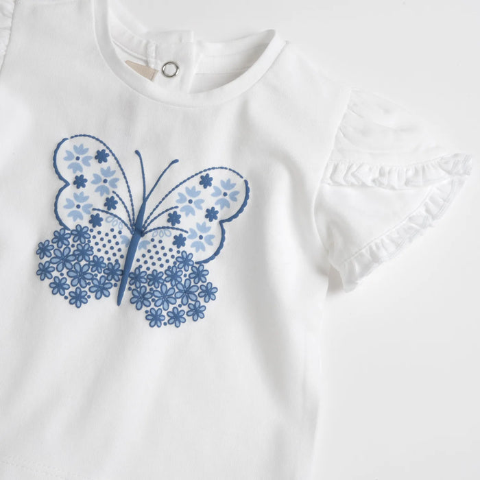 Girls White and Blue Graphic Printed T-Shirt with Shorts