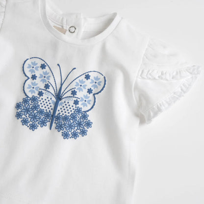 Girls White and Blue Graphic Printed T-Shirt with Shorts