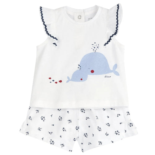Girls White and Blue Printed Top with Shorts