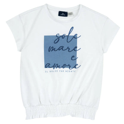 Girls White and Blue Typography Printed T-shirt