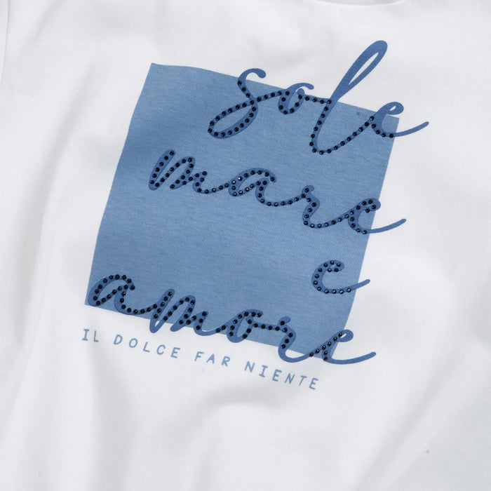 Girls White and Blue Typography Printed T-shirt