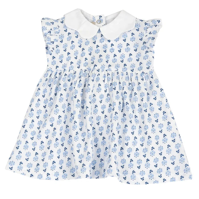 Girls White and Light Blue Floral Printed Dress