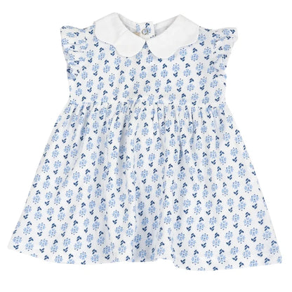 Girls White and Light Blue Floral Printed Dress