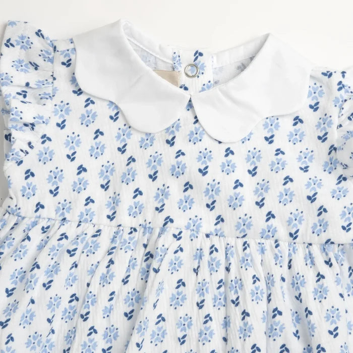 Girls White and Light Blue Floral Printed Dress