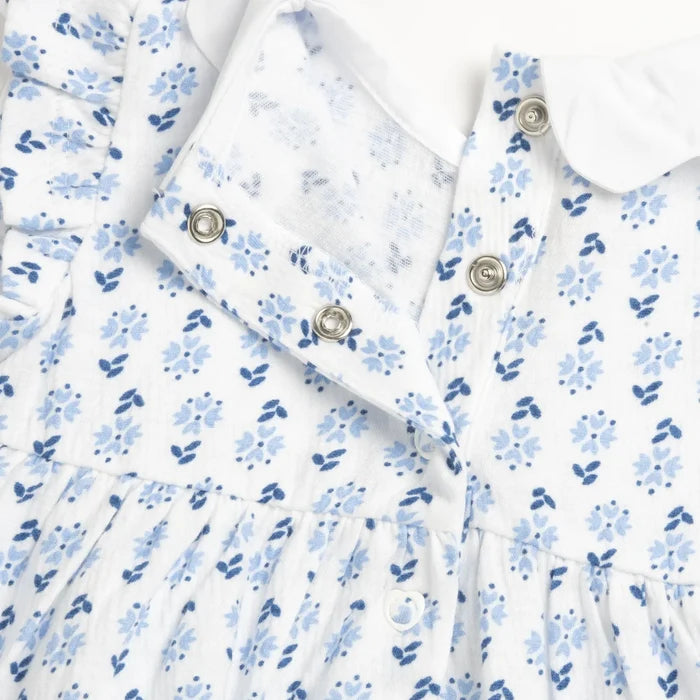 Girls White and Light Blue Floral Printed Dress