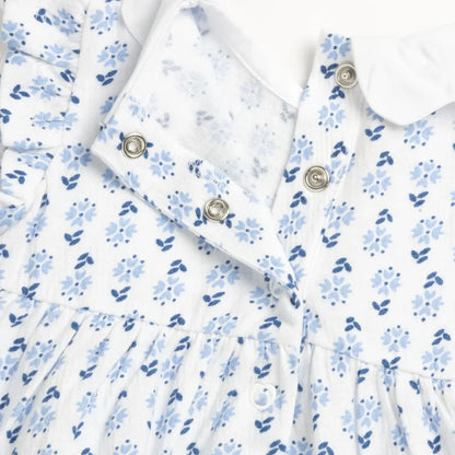 Girls White and Light Blue Floral Printed Dress