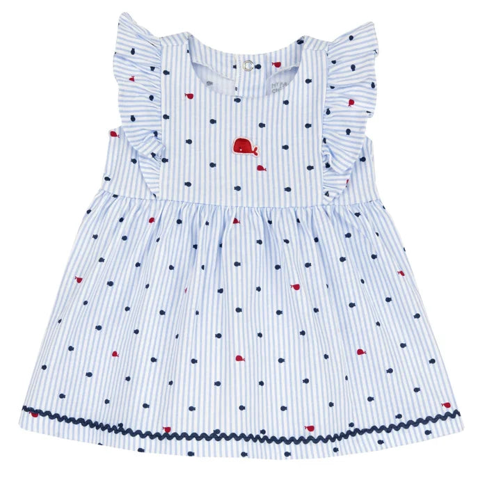 Girls White and Light Blue Striped Dress