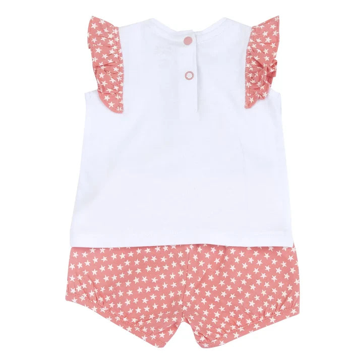 Girls White and Pink Animal Printed T-Shirt with Shorts