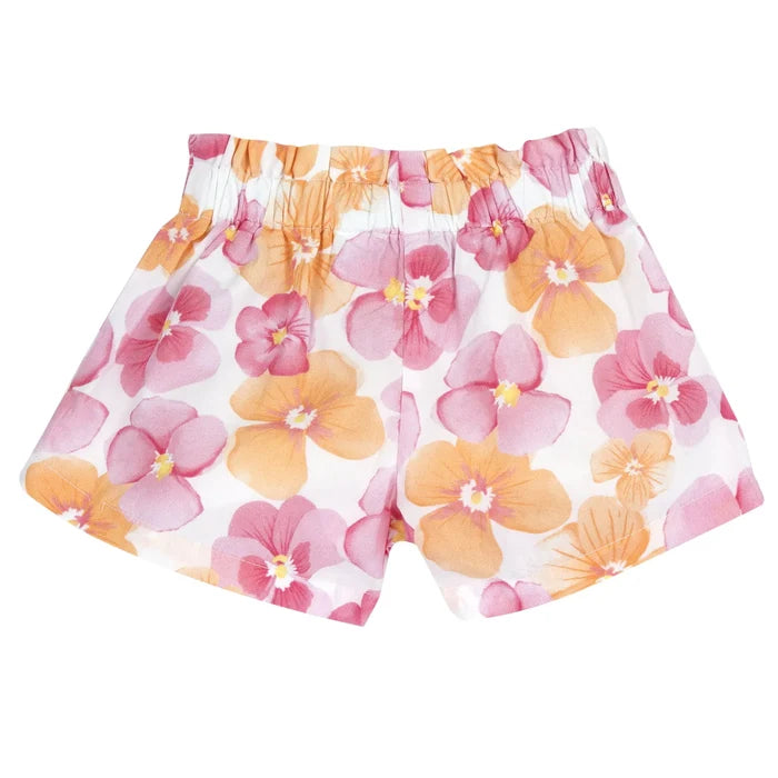 Girls White and Pink Floral Printed Shorts