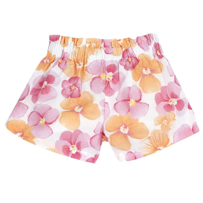 Girls White and Pink Floral Printed Shorts
