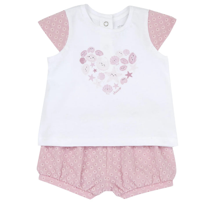 Girls White and Pink Graphic Printed T-Shirt with Shorts