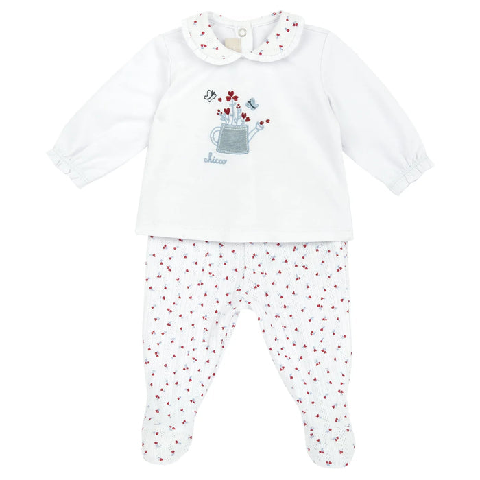 Girls White and Red Embroidered Smock with Leggings