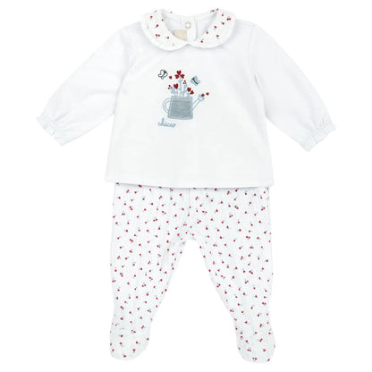 Girls White and Red Embroidered Smock with Leggings