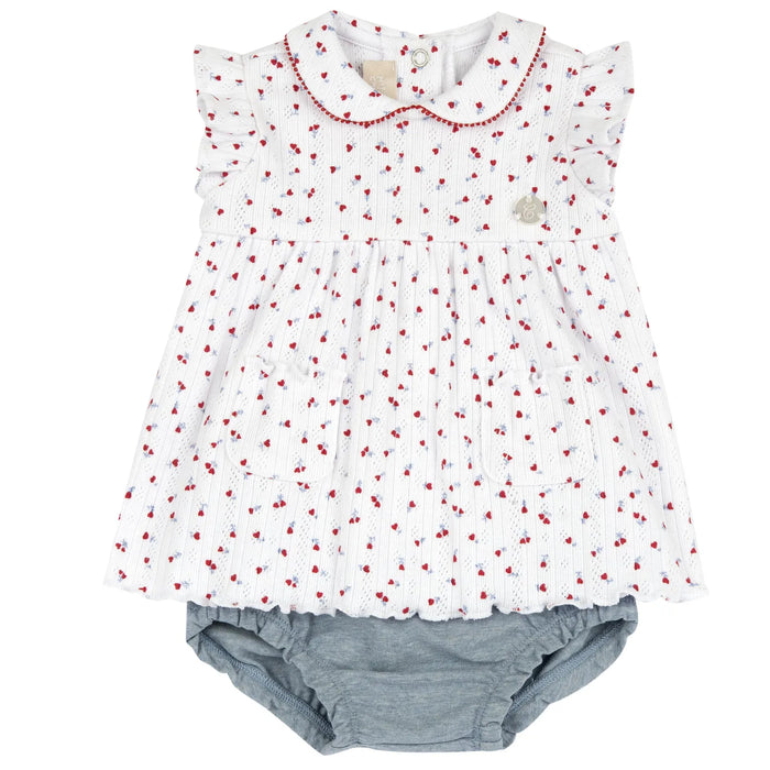Girls White and Red Printed Dress with Panties