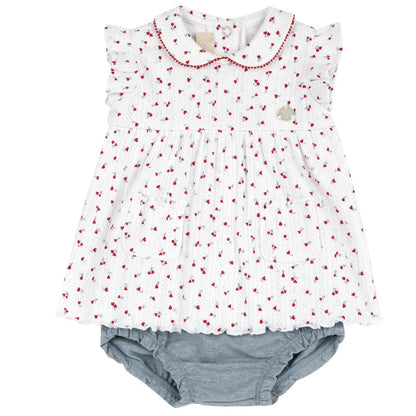 Girls White and Red Printed Dress with Panties