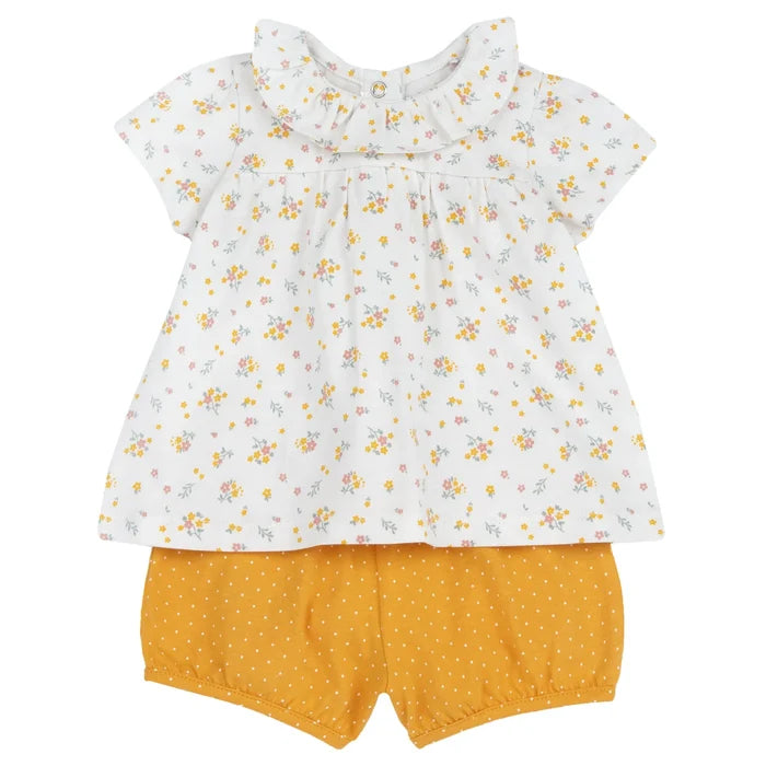 Girls White and Yellow Floral Printed Top with Shorts