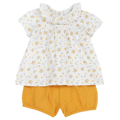 Girls White and Yellow Floral Printed Top with Shorts