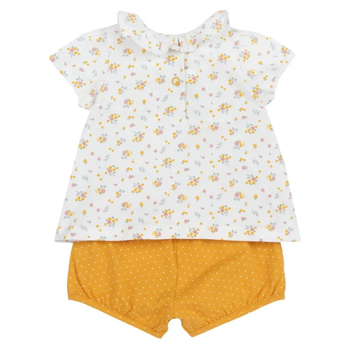 Girls White and Yellow Floral Printed Top with Shorts