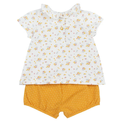 Girls White and Yellow Floral Printed Top with Shorts