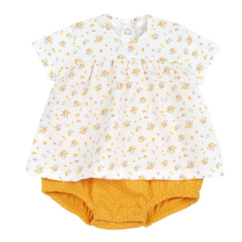 Girls White and Yellow Printed Romper