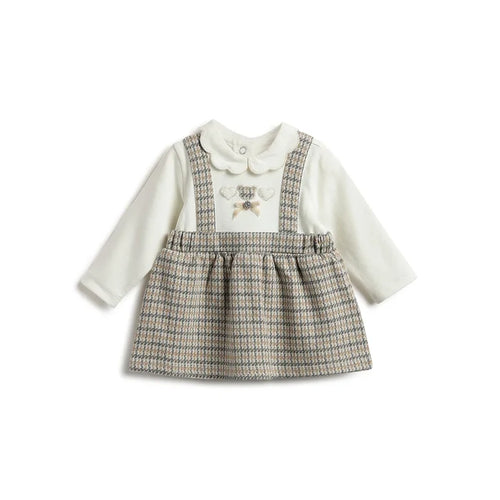 Girls White & Beige Checked Dress