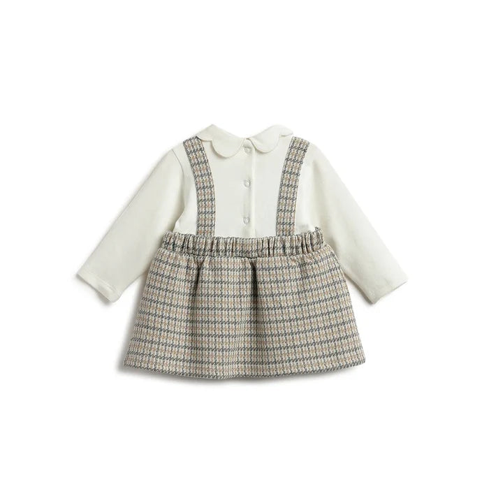 Girls White & Beige Checked Dress