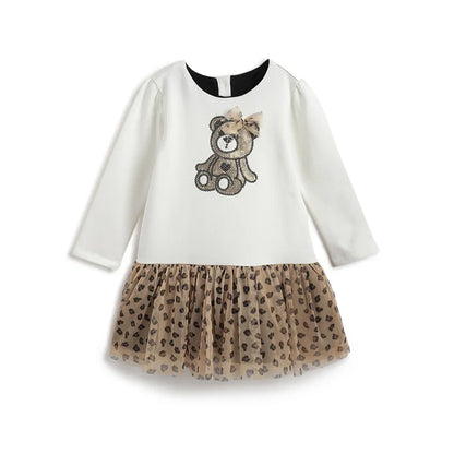 Girls White & Beige Embellished Dress